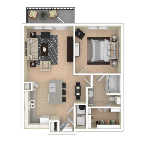 Floor plan for 1 bed, 1 bath, 673 sqft